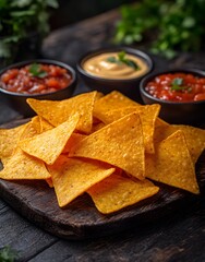 A platter of tortilla chips served with three dips, perfect for snacking or sharing.