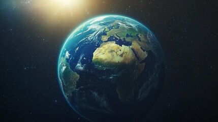 3d render animation: sunrise view from space on planet earth. high detailed. africa zone. blue world in black universe in stars. realistic world globe.