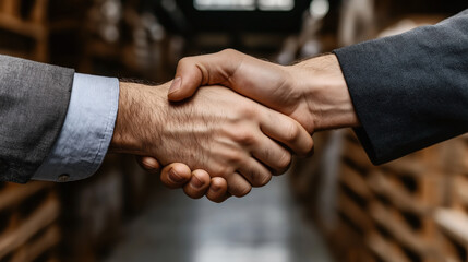 Close-up of two hands shaking in a business setting, symbolizing agreement or partnership, with a blurred background.