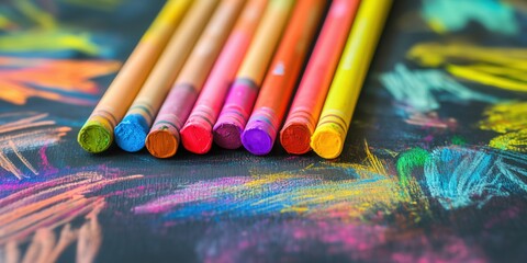 Kid's wax crayons of different colors laying on a blackboard, hand drawn childish swatch scribbles