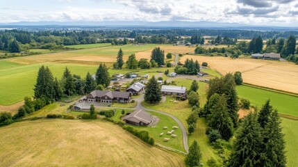 Obraz premium Aerial view of a rural farm with several buildings, green fields, and a winding road.