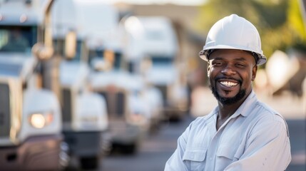Smiling Construction Worker in White Hard Hat with Trucks in Background