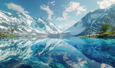 Crystal-clear alpine lake reflecting snow-capped peaks, 4K hyperrealistic photo