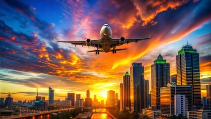 Airplane flying over city skyline at sunset