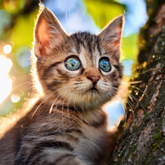 Obraz premium Big-eyed little cat on a tree