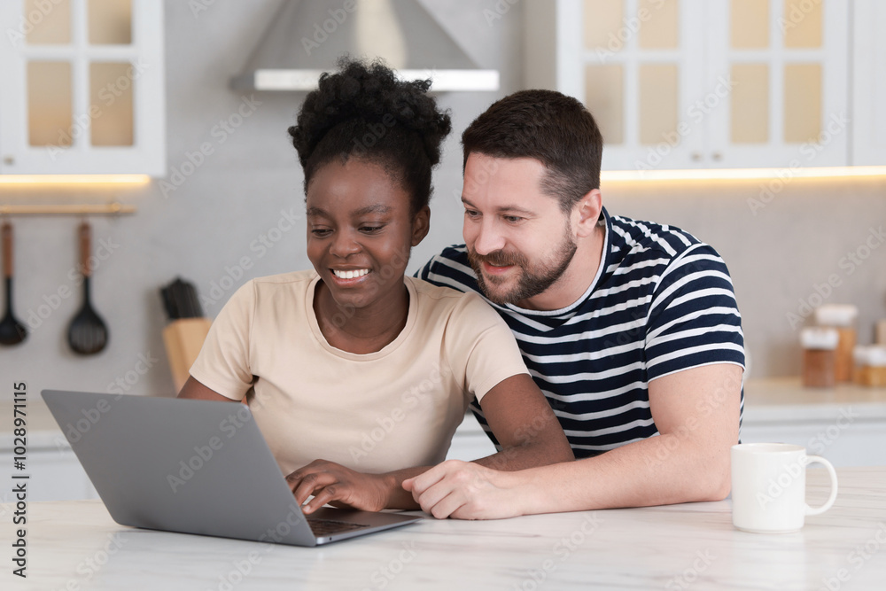 Sticker International relationships. Lovely couple spending time together in kitchen