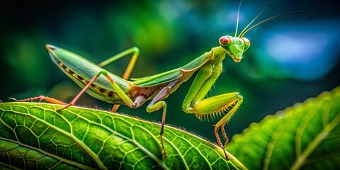 High Dynamic Range Close-up of a Green Praying Mantis in Nature