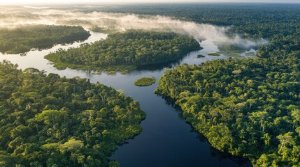 Aerial view of a winding river through a dense rainforest with mist rising from the water.