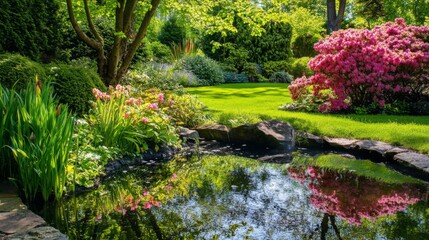 Obraz premium A Serene Pond in a Lush Green Garden with Pink Flowers