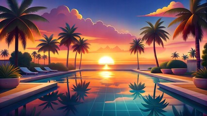 Fototapeta premium Luxurious pool with palm trees at tropical sunset