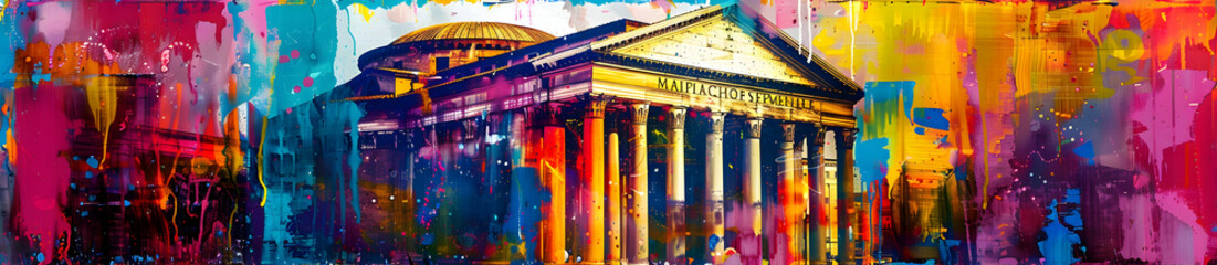Fototapeta na wymiar An abstract expressionist painting of the Pantheon in Rome, featuring vibrant colors, broad brush strokes