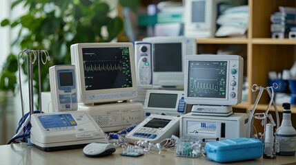 A range of healthcare equipment, including monitors and diagnostic tools.