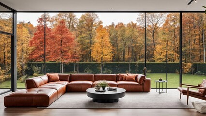 Fototapeta premium Living room interior with large window During fall season. Generative ai