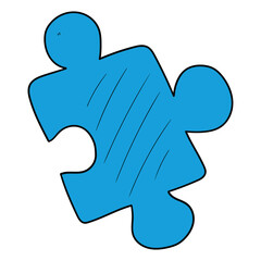 Hand drawn cartoon one piece of blue puzzle on white background.