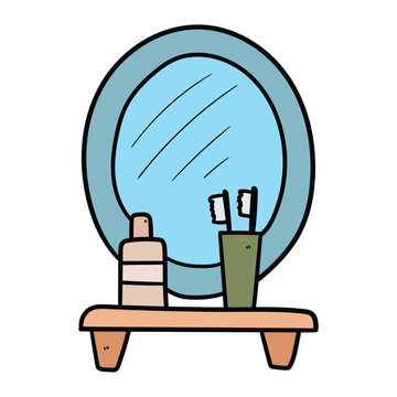 recommend clip art: Hand drawn cartoon wall mirror, shelf, toothbrushes and lotion on white background.