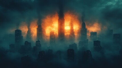 Obraz premium A city is shown in a foggy, smoggy atmosphere with a large fire in the center