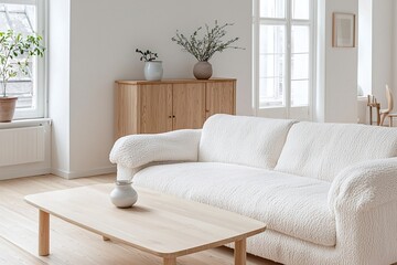 Fototapeta premium A modern Scandinavian interior in a living room with minimalists, wood cabinets and sofas, and windows. Generative AI 