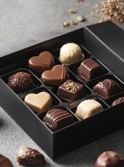 Assorted gourmet chocolates in black gift box. A luxurious assortment of gourmet chocolates in a sleek black box, featuring heart-shaped and square pieces in dark, milk, and white chocolate.