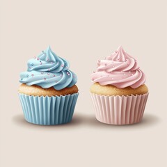 Baby shower cupcake for a girl and a boy. twins newborn announcement. text space.