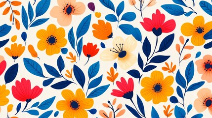 A colorful floral pattern with blue and yellow flowers. The flowers are arranged in a way that creates a sense of movement and energy. Scene is cheerful and uplifting