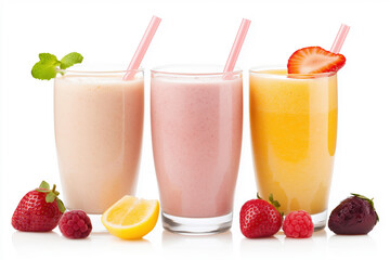 Refreshing fruit smoothies in clear glasses garnished with fresh fruit and mint