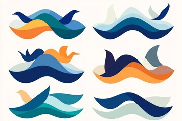 Obraz premium A set of six ocean waves with a shark and a bird in the middle. The waves are blue and orange