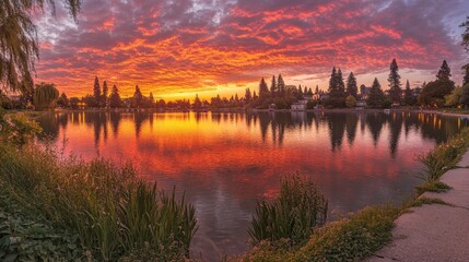 Obraz premium Breathtaking Sunset Over Serene Lake Reflections
