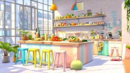 Obraz premium Stylish Kitchen Island with Bar Stools and Natural Light