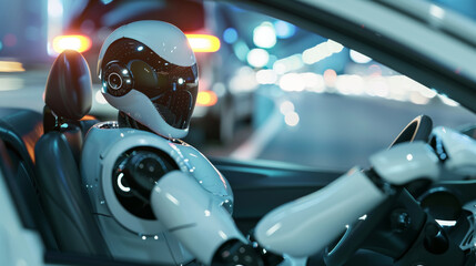 Human-like robot drives car. Concept of autopilot or integration AI assistant.