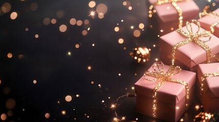 Illustration of Christmas gift boxes made of pink and gold lights, with soft sparkles and a dark background, leaving the center free for a New Year theme