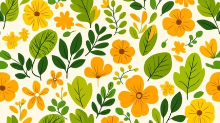 A colorful floral pattern with green leaves and yellow flowers. The flowers are scattered throughout the pattern, with some larger and some smaller. Scene is cheerful and bright, with the colors