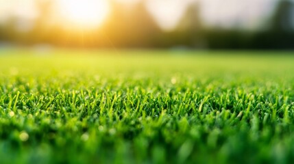 Naklejka premium A field of green grass with the sun shining on it. The grass is lush and vibrant, and the sun is casting a warm glow over the entire scene. Concept of peace and tranquility
