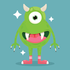 Green Cartoon Monster with one eye and horns on blue background. Vector cyclops character.