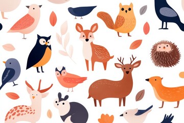 Naklejka premium A colorful drawing of various animals, including deer, birds, and squirrels. Concept of playfulness and whimsy, as the animals are depicted in a variety of poses and expressions
