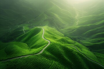 Winding Road Through Lush Green Hills at Sunset