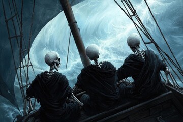 Three skeletons in cloaks navigate a ghostly ocean, surrounded by turbulent waves, evoking a mysterious and eerie maritime theme.