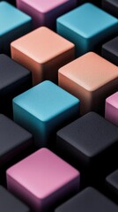 A vibrant arrangement of colorful square blocks featuring shades of teal, peach, purple, and black, creating an artistic and visually appealing pattern.