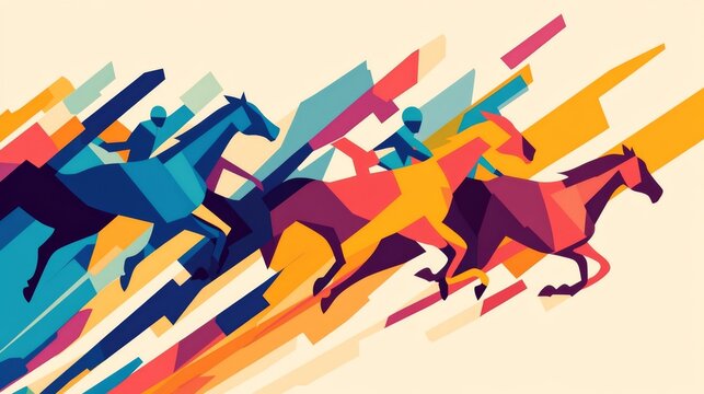 A vibrant and dynamic horse race is depicted in this colorful and abstract image. The horses are running in a race, with some closer to the foreground and others further in the background