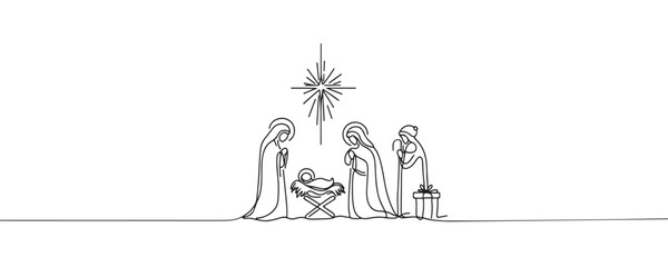 Baby Jesus lying in a manger in a stable. Biblical nativity scene. One line drawing. Vector illustration