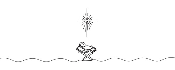 Baby Jesus lying in a manger in a stable. Biblical nativity scene. One line drawing. Vector illustration