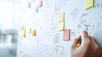 Business plan brainstorming session with sticky notes