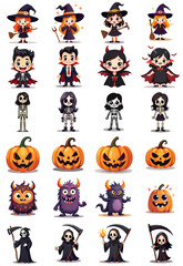 Collection of 24 isolated halloween characters with no background. Set of cute creatures including ghost, witch, grim reaper, pumpkin, monster and vampire