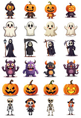 Collection of 24 isolated halloween characters with no background. Set of cute creatures including ghost, witch, grim reaper, pumpkin, monster and vampire