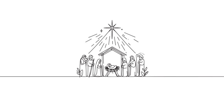 Baby Jesus lying in a manger in a stable. Biblical nativity scene. One line drawing. Vector illustration
