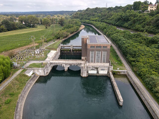 Drone view of the hydroelectric power station at Tornavento in Italy