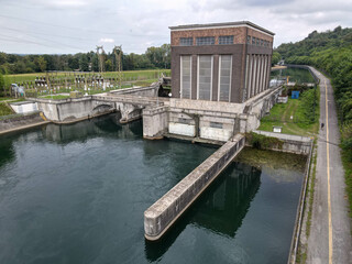 Drone view of the hydroelectric power station at Tornavento in Italy