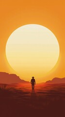 Wild West Scene with Man Walking Towards Horizon Silhouetted Against Massive Setting Sun and Warm Evening Sky