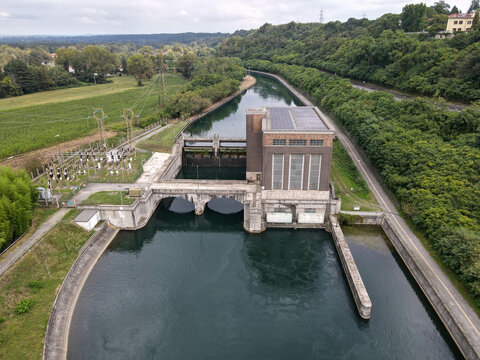 Drone view of the hydroelectric power station at Tornavento in Italy