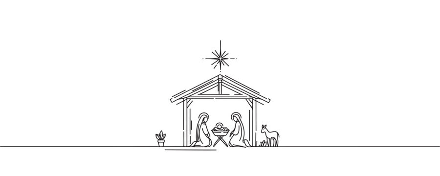 Baby Jesus lying in a manger in a stable. Biblical nativity scene. One line drawing. Vector illustration