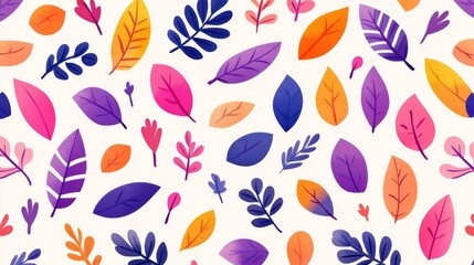 A colorful pattern of leaves is displayed on a white background. The leaves are of various sizes and colors, creating a vibrant and lively atmosphere. Concept of nature and the beauty of the outdoors